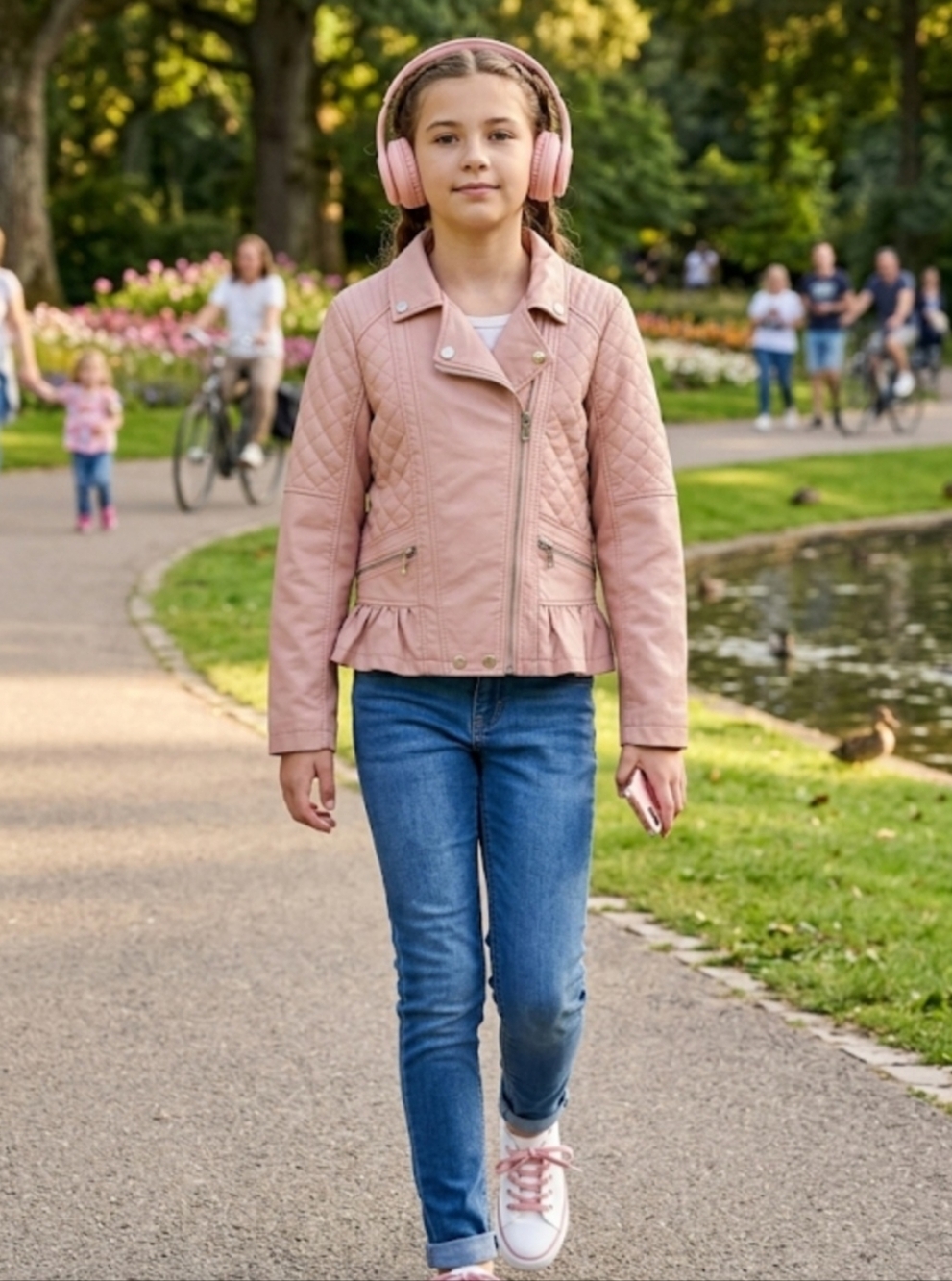 Urban Republic Girls Pink Faux Leather Moto Jacket XL 16 Quilted Ruffle Hem